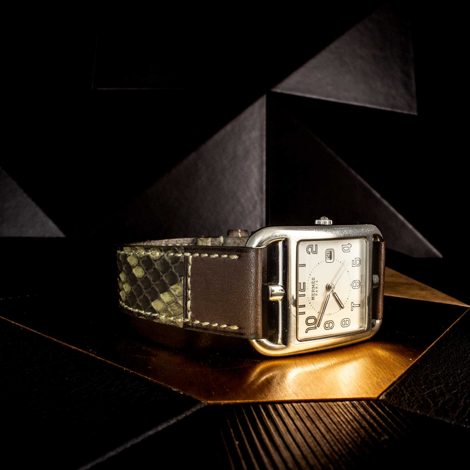 Bracelet montre cuir "Tandem" - Python & veau type barenia (bleu, kaki, marron...)