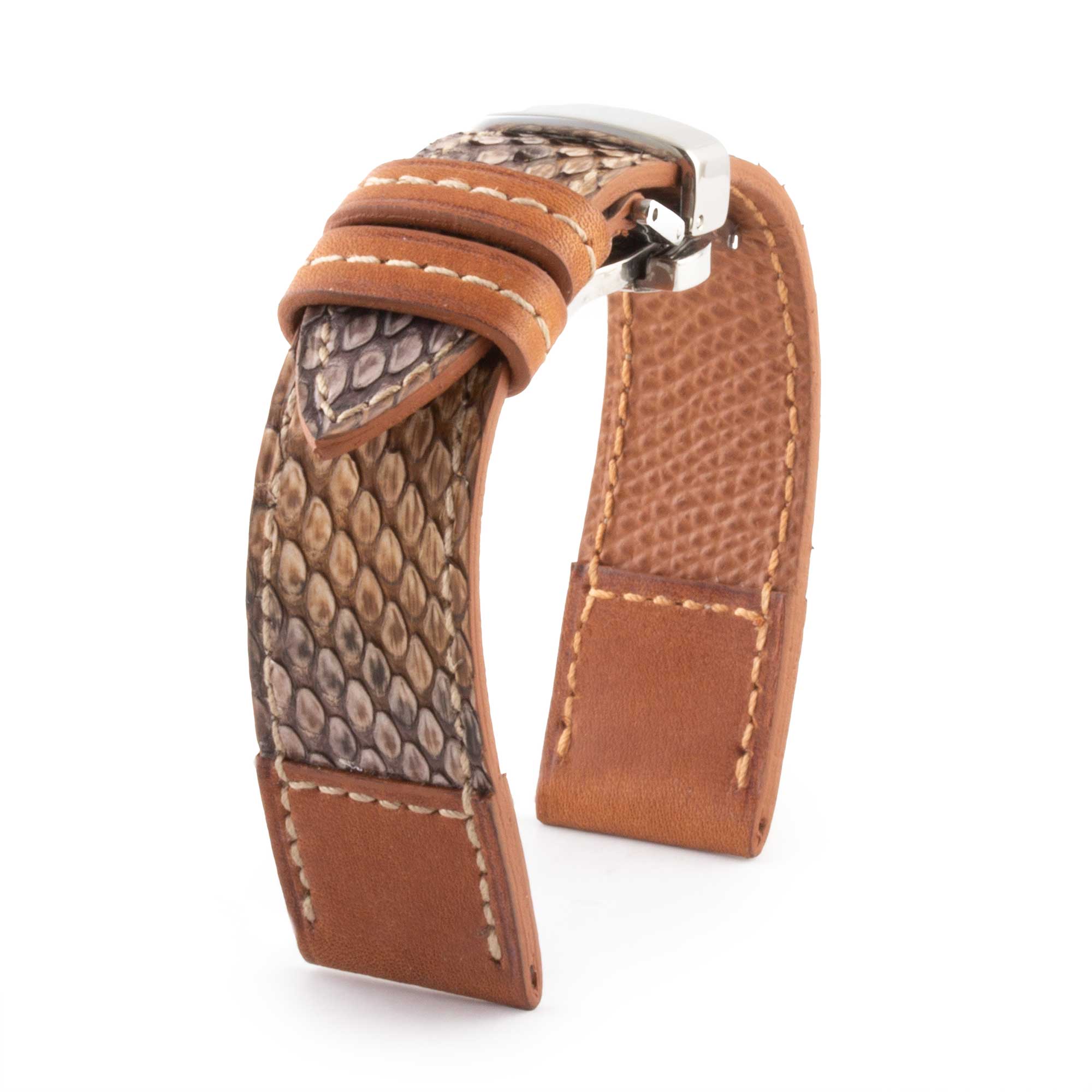 Bracelet montre cuir "Tandem" - Python & veau type barenia (bleu, kaki, marron...)
