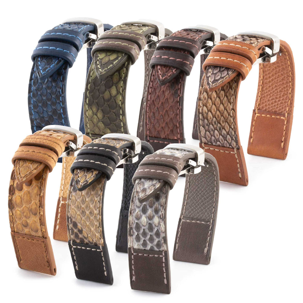 Bracelet montre cuir "Tandem" - Python & veau type barenia (bleu, kaki, marron...)