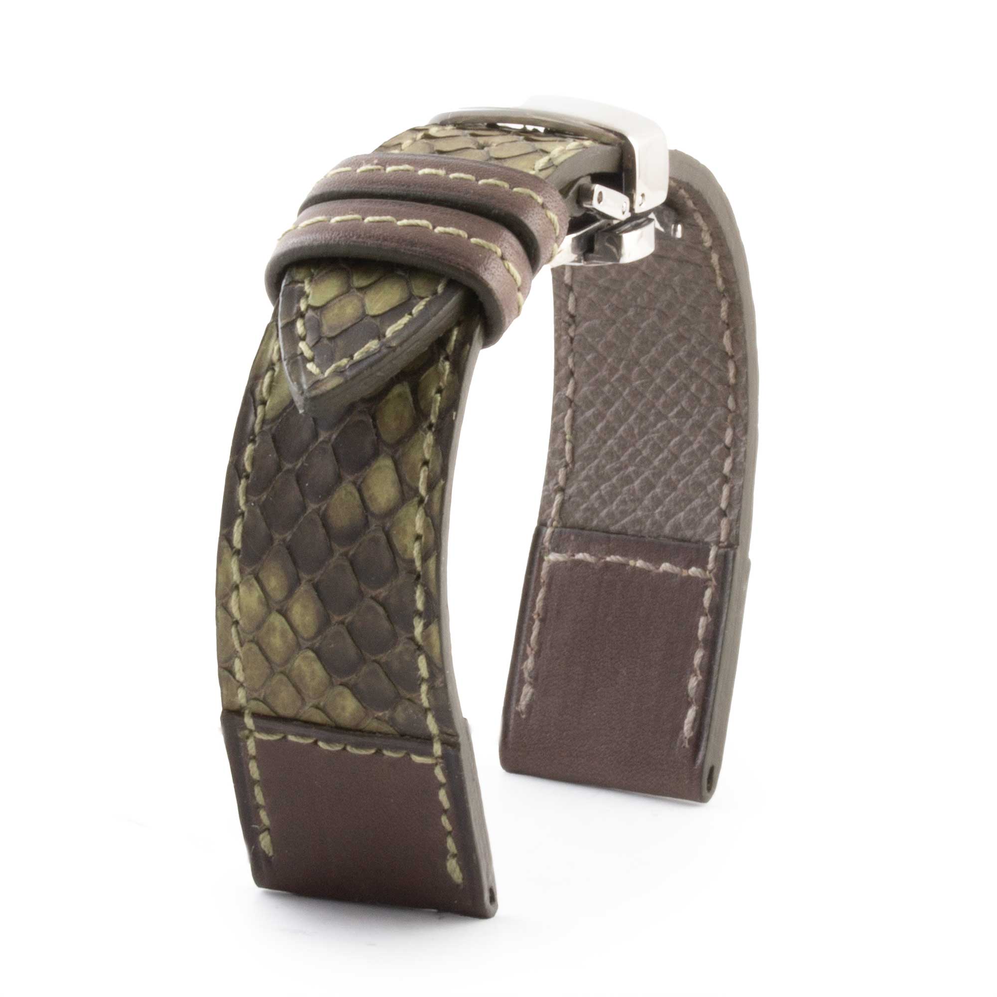 Bracelet montre cuir "Tandem" - Python & veau type barenia (bleu, kaki, marron...)